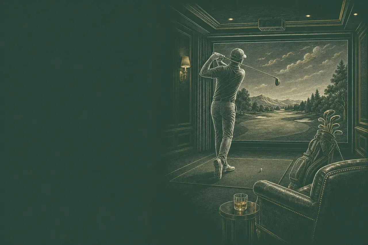 Engraved illustration of a golfer finishing a swing in a Clubhouse simulator bay