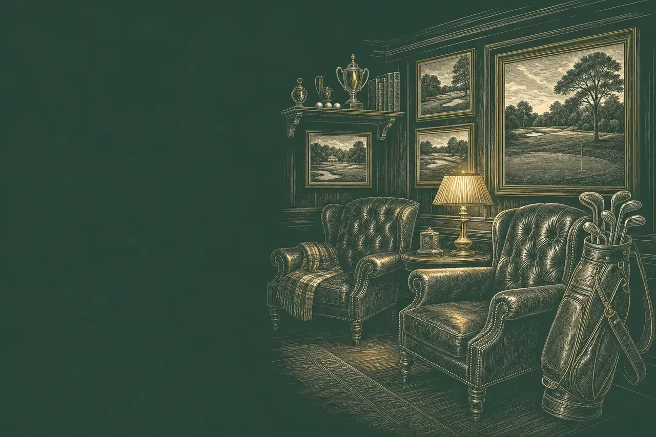 Engraved illustration of the clubhouse lounge — leather armchairs, a golf bag and framed course prints