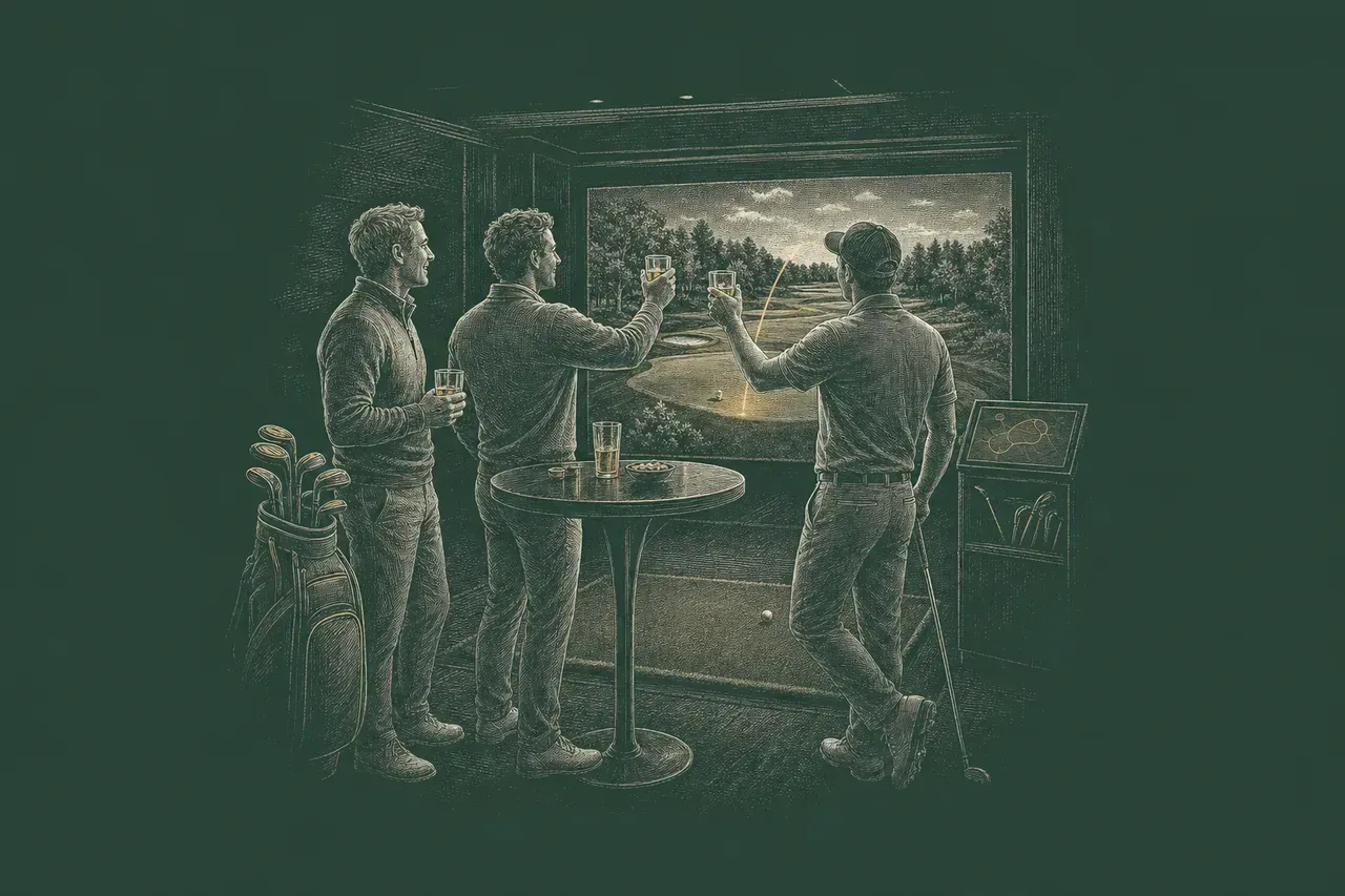 Engraved illustration of golfers celebrating a shot on league night